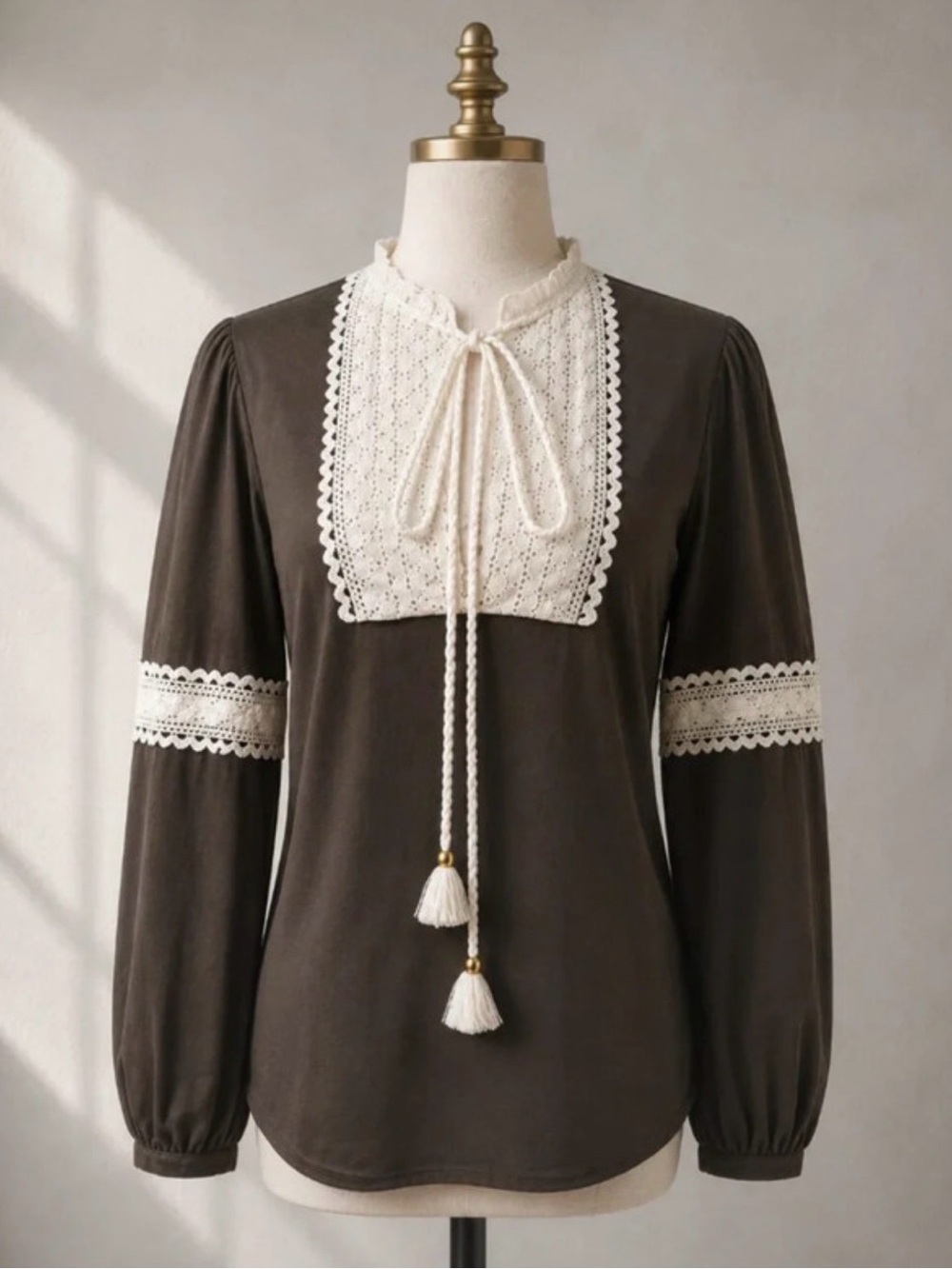 Tory Burch Brown Cotton Crochet Lace Bib Tassel Tie Blouse Tunic Size 10